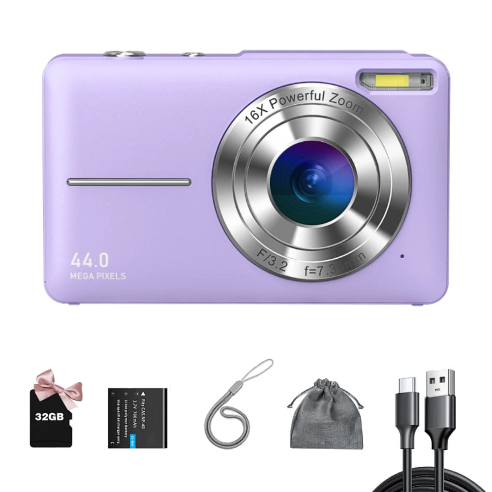 Digital Camera FHD 1080P Teens Camera with 32GB Card, Battery, Lanyard, 16X Zoom anti Shake, 44MP Compact Portable Small Cam