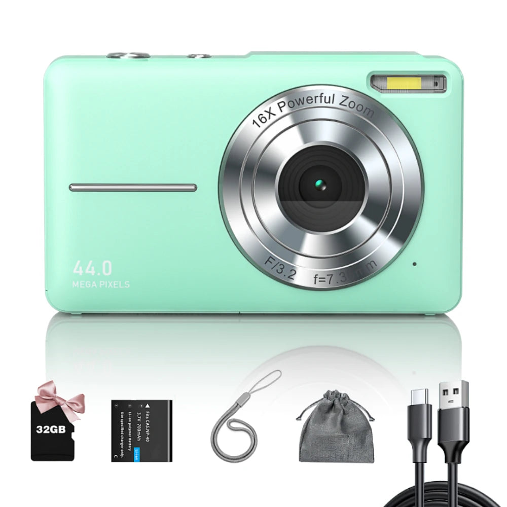 Digital Camera FHD 1080P Teens Camera with 32GB Card, Battery, Lanyard, 16X Zoom anti Shake, 44MP Compact Portable Small Cam