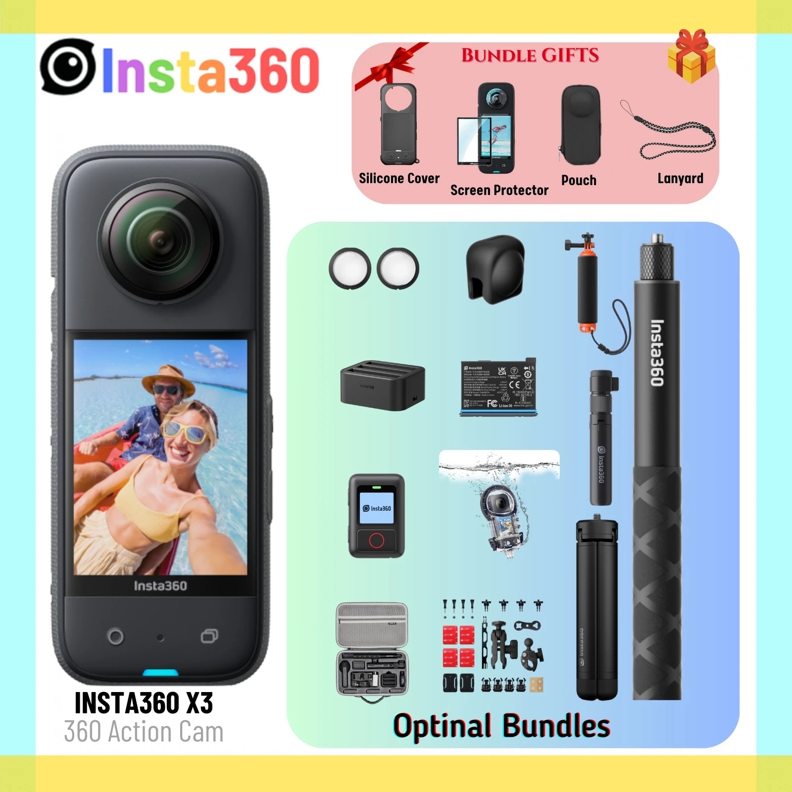 X3 Pocket-Size Sports 360 Action Camera HDR 5.7K 360 72MP 2.29'' Touch Screen 1/2'' Sensor Insta 360 Original Cam
