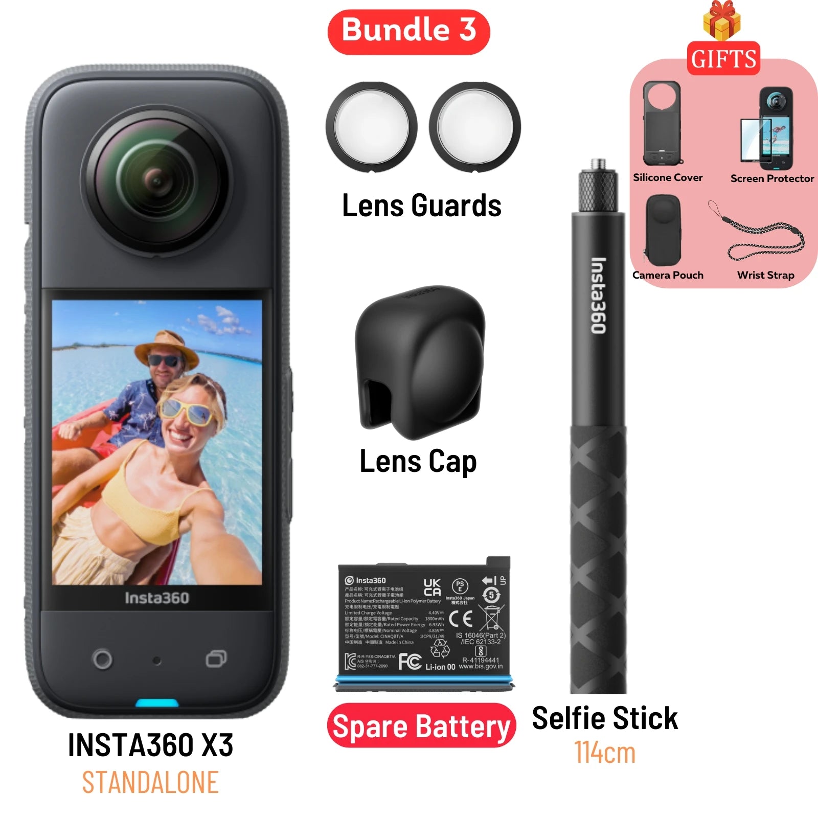 X3 Pocket-Size Sports 360 Action Camera HDR 5.7K 360 72MP 2.29'' Touch Screen 1/2'' Sensor Insta 360 Original Cam