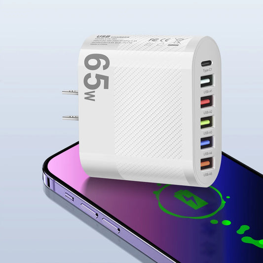 USB Total 65W Charger 6 Ports Fast Charging USB Type C Mobile Phone Charge Adapter for Iphone Samsung Xiaomi Huawei Wall Charger
