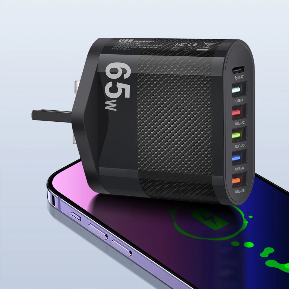 USB Total 65W Charger 6 Ports Fast Charging USB Type C Mobile Phone Charge Adapter for Iphone Samsung Xiaomi Huawei Wall Charger