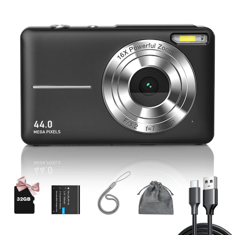 Digital Camera FHD 1080P Teens Camera with 32GB Card, Battery, Lanyard, 16X Zoom anti Shake, 44MP Compact Portable Small Cam