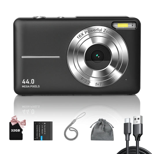 Digital Camera FHD 1080P Teens Camera with 32GB Card, Battery, Lanyard, 16X Zoom anti Shake, 44MP Compact Portable Small Cam