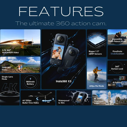 X3 Pocket-Size Sports 360 Action Camera HDR 5.7K 360 72MP 2.29'' Touch Screen 1/2'' Sensor Insta 360 Original Cam