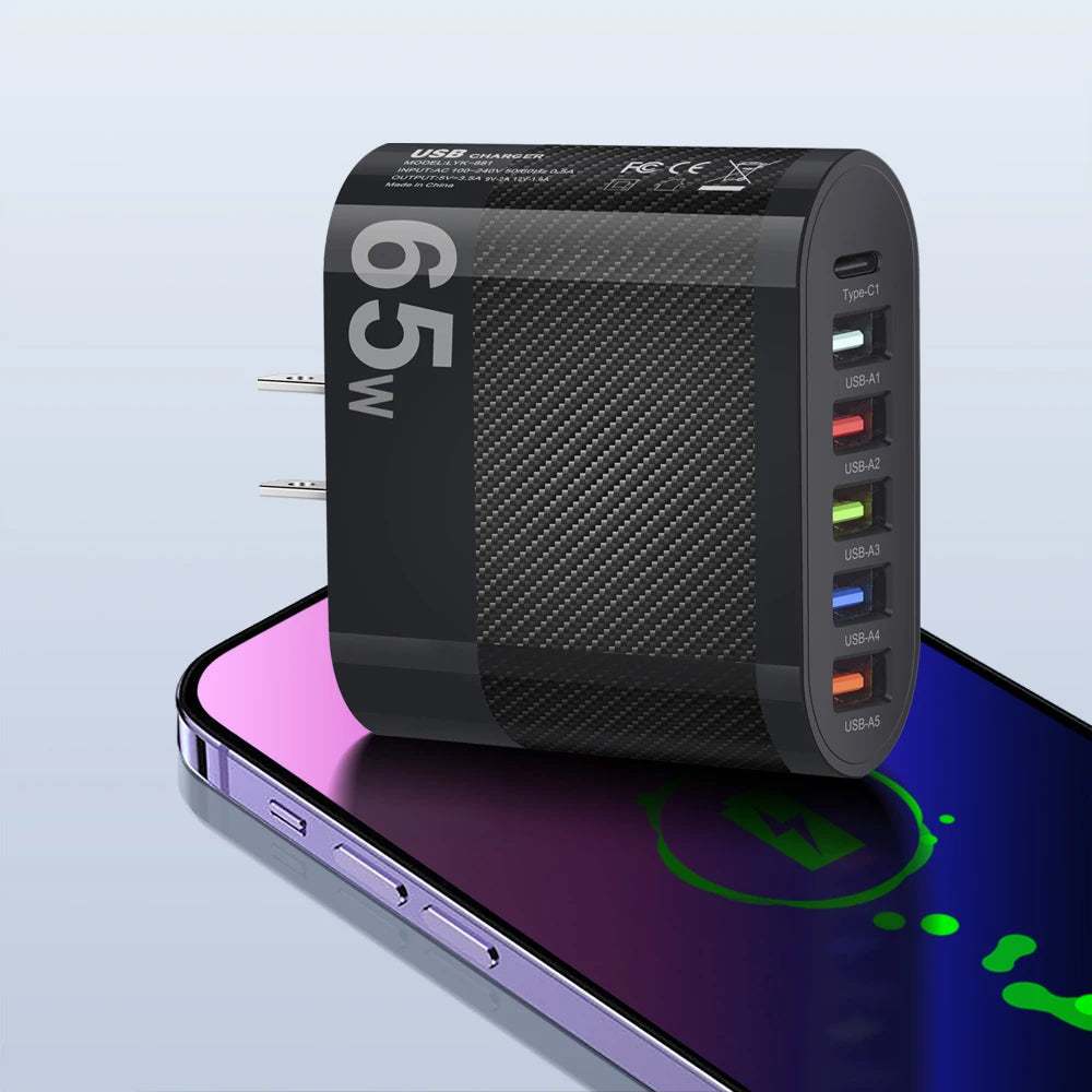 USB Total 65W Charger 6 Ports Fast Charging USB Type C Mobile Phone Charge Adapter for Iphone Samsung Xiaomi Huawei Wall Charger