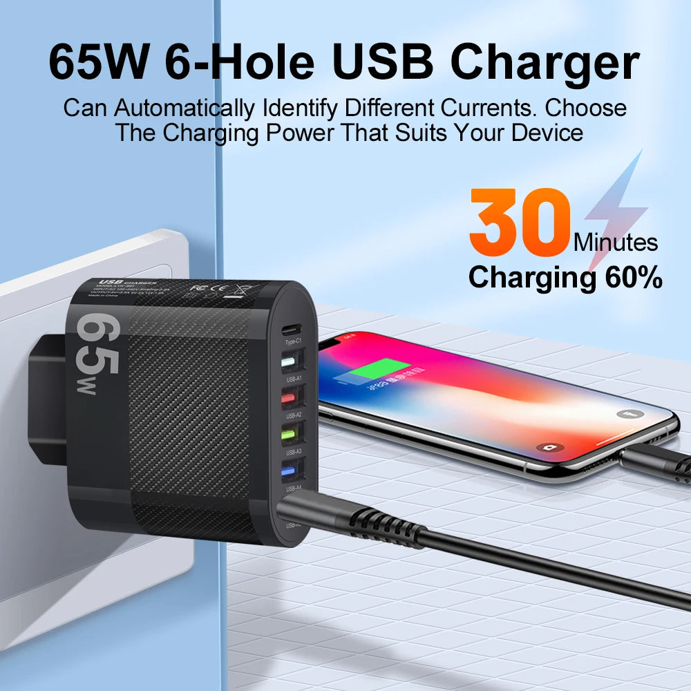USB Total 65W Charger 6 Ports Fast Charging USB Type C Mobile Phone Charge Adapter for Iphone Samsung Xiaomi Huawei Wall Charger