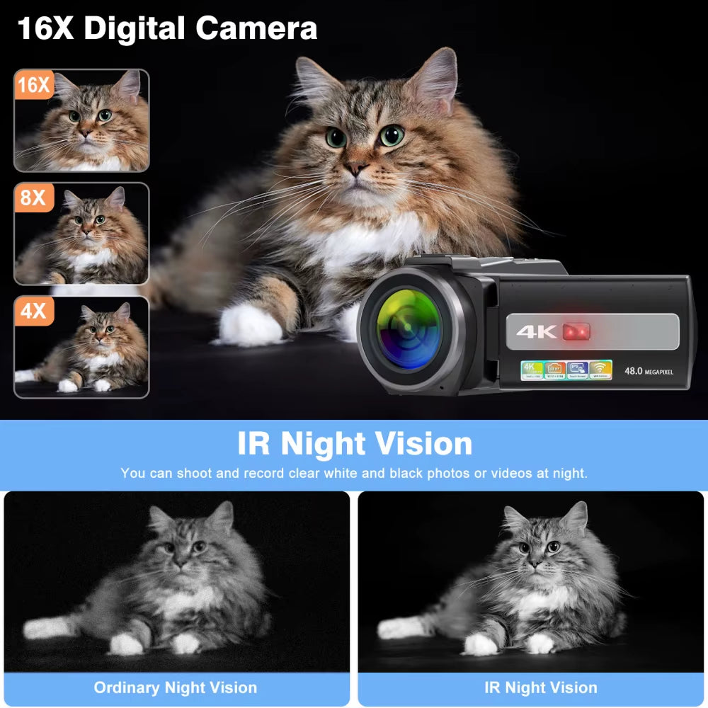 4K Video Camera Camcorder 48MP UHD Wifi IR Night Vision Vlogging Camera for Youtube 16X Digital Zoom Touch Screen Camera