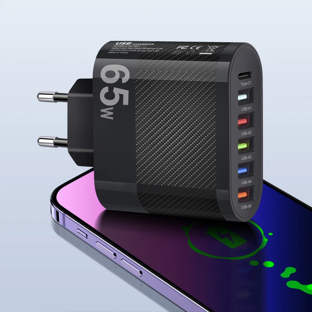 USB Total 65W Charger 6 Ports Fast Charging USB Type C Mobile Phone Charge Adapter for Iphone Samsung Xiaomi Huawei Wall Charger