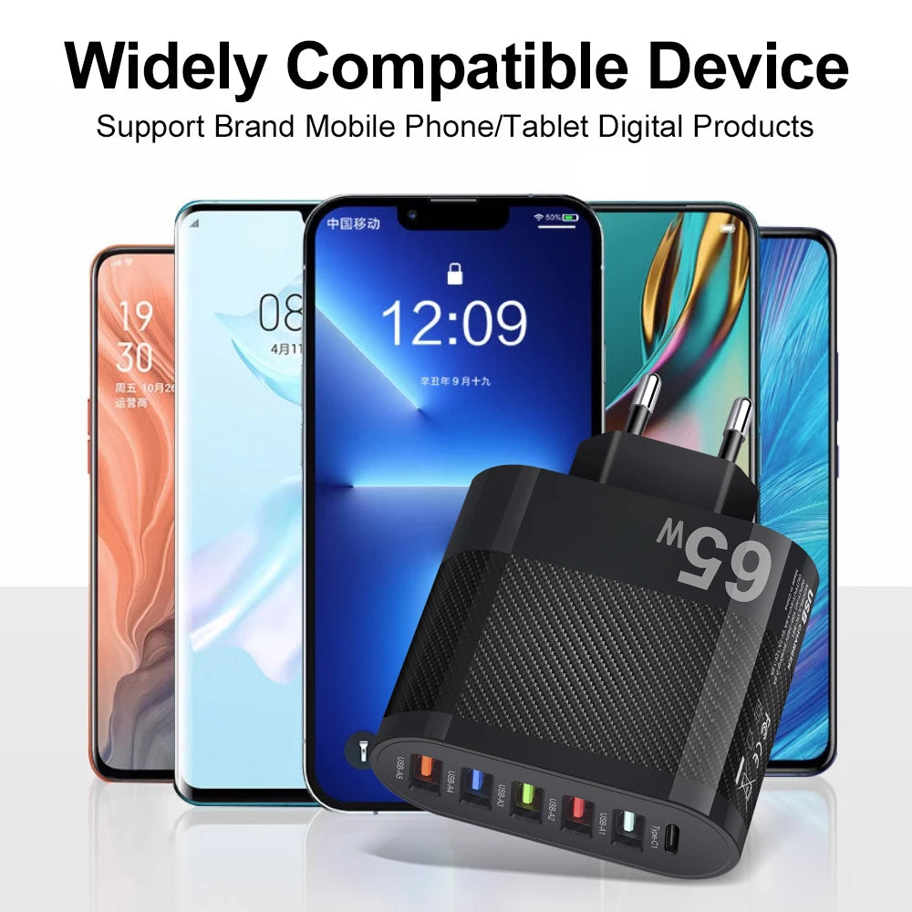 USB Total 65W Charger 6 Ports Fast Charging USB Type C Mobile Phone Charge Adapter for Iphone Samsung Xiaomi Huawei Wall Charger