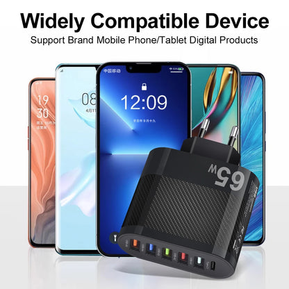 USB Total 65W Charger 6 Ports Fast Charging USB Type C Mobile Phone Charge Adapter for Iphone Samsung Xiaomi Huawei Wall Charger