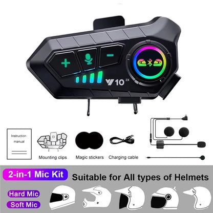 Bluetooth 5.3 Motorcycle Helmet Intercom Headset - Waterproof 300M Communication Speaker and Earphone