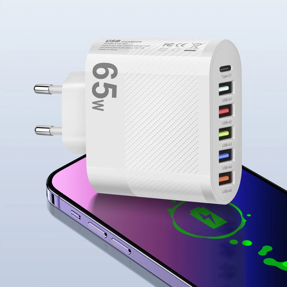 USB Total 65W Charger 6 Ports Fast Charging USB Type C Mobile Phone Charge Adapter for Iphone Samsung Xiaomi Huawei Wall Charger