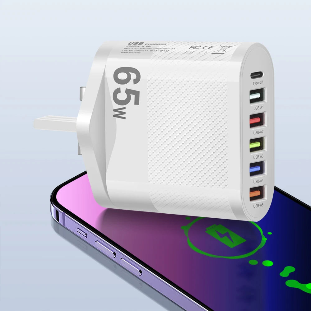 USB Total 65W Charger 6 Ports Fast Charging USB Type C Mobile Phone Charge Adapter for Iphone Samsung Xiaomi Huawei Wall Charger